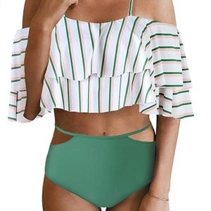 Women Two Piece Off Shoulder Ruffled Flounce Crop